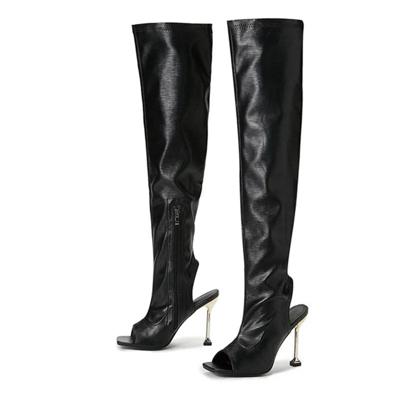 Spring Autumn Zip Metal Thin Heels Open Toe Leather Thigh High Boots