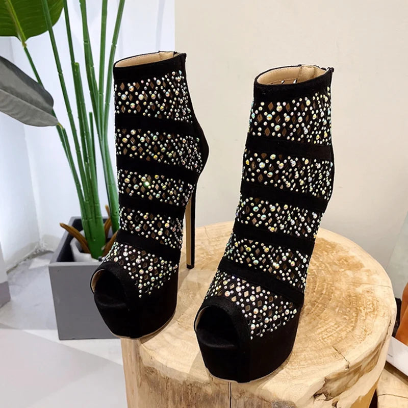 Bottines à bout ouvert en maille strass pour femmes avec talons hauts 