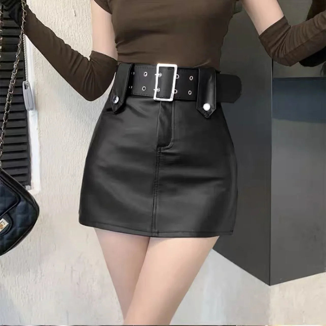 Women's High Waist Black PU Leather A-Line Mini Skirt