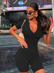 Fashion Short Sleeve Splice Solid Color Casual Skinny Romper