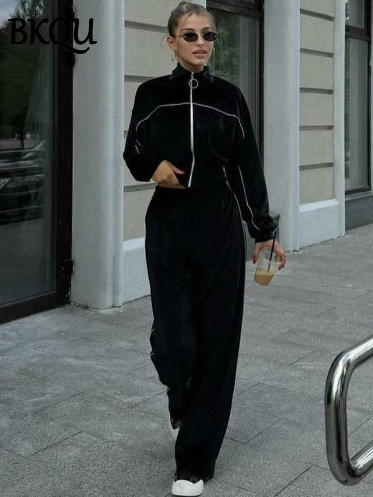 Women's Velvet Tracksuit Set with Lapel Sweatshirt and Wide Leg Pants