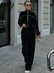 Women's Velvet Tracksuit Set with Lapel Sweatshirt and Wide Leg Pants