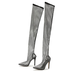 Bottes à talons hauts en résille à strass pour femmes, noires, au-dessus du genou 