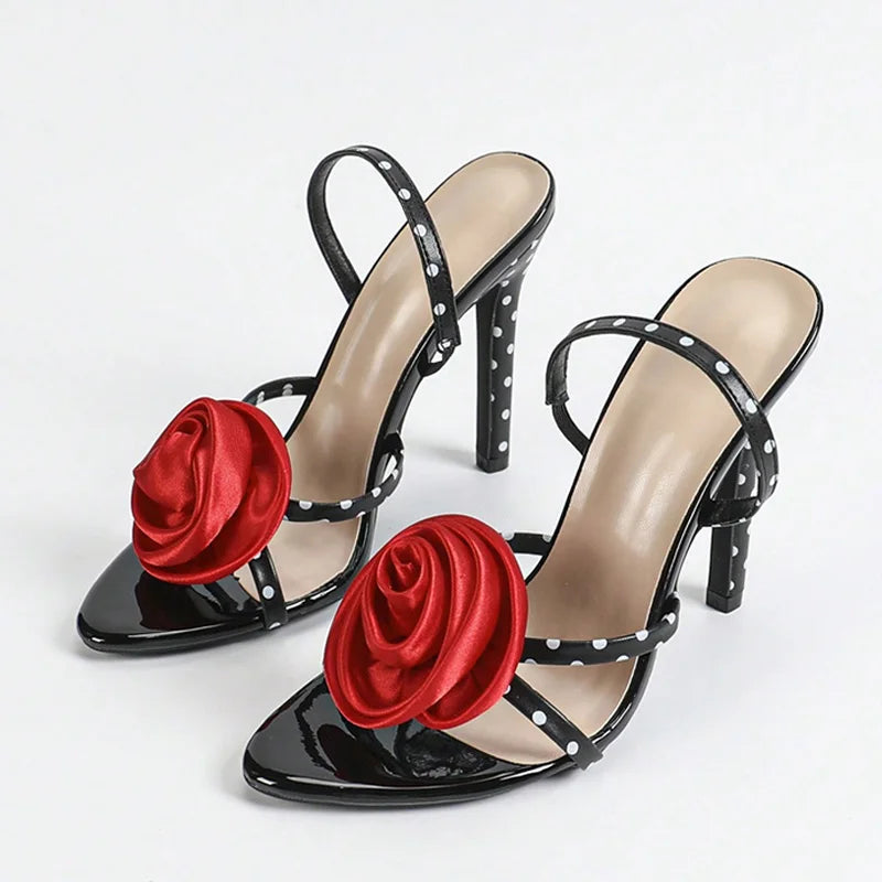 Women's Black Open Toe Polka Dot Back Strap High Heel Sandals