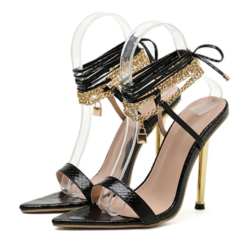 Women's Gold White High Heels 12CM Chain Ankle Strap Sandals