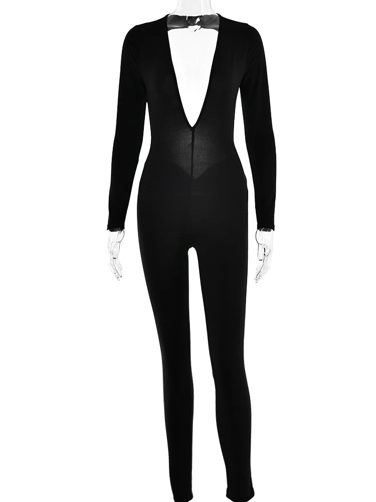 Women's Long Sleeve Backless Deep V Skinny Jumpsuit for Parties