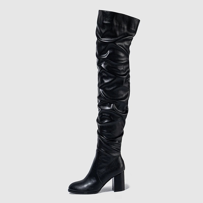 High Quality Soft Cozy Pleated Leather Women Over The Knee Boots