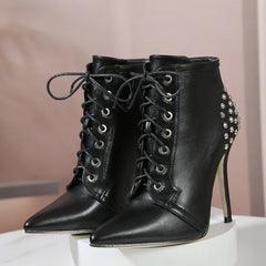 Women's Rivet Cross-Strap Ankle Boot with Thin High Heels