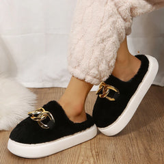 Platform Ladies Rhinestone Warm Fur Slippers for Indoor Use