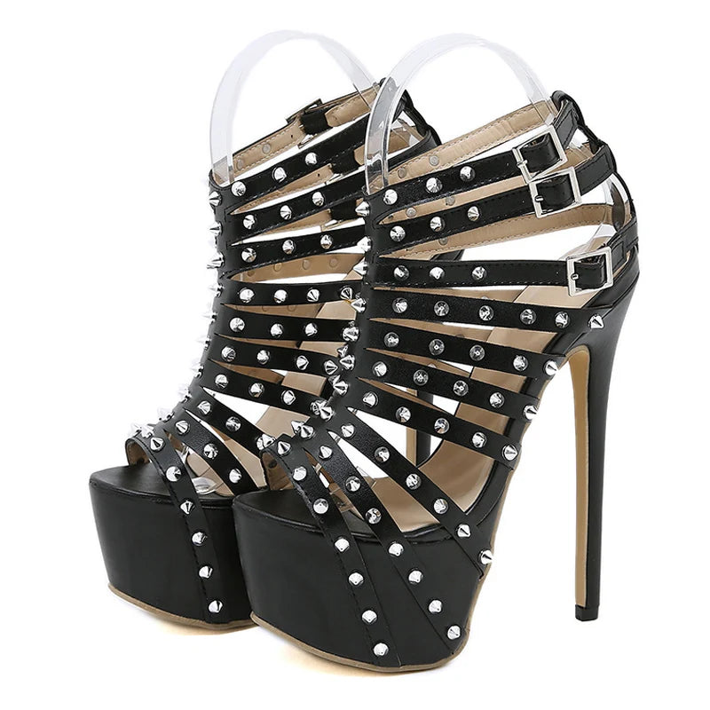 Women’s Black Platform High Heels Peep Toe Pumps with Rivets