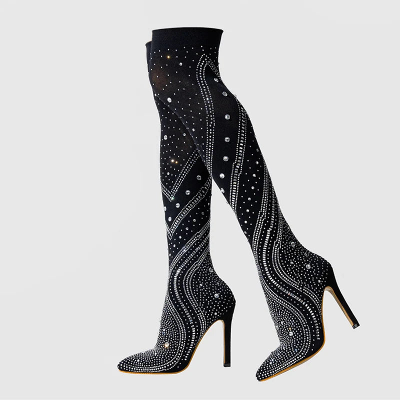 Women's Crystal Rhinestone Stretch Fabric Thigh High Boots