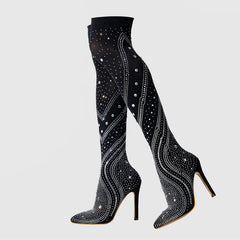 Bottes hautes en tissu extensible avec strass en cristal pour femmes 