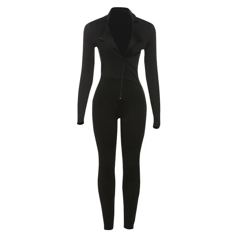 Women's Spring Long Sleeve Zipper Tight Hip Jumpsuit in Black