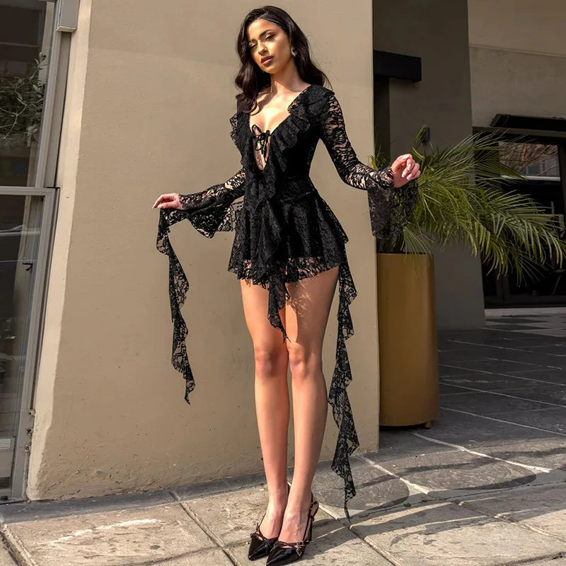 Women's V-Neck Lace Ruffled Short Dress with Flare Sleeves