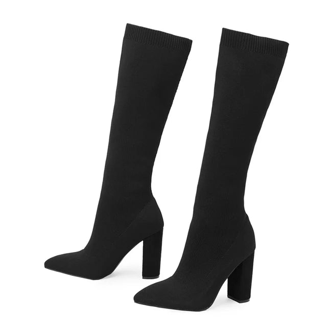 Green Women Cozy Knitting Knee High Boots with Square Heels