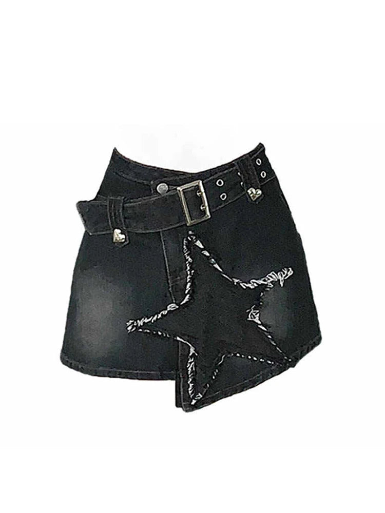 Women's Black Gothic A-line Denim Star Mini Skirt Harajuku Style