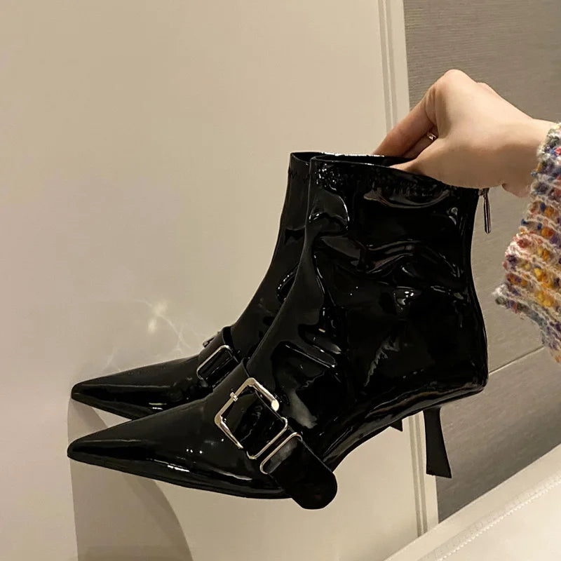 Women's Patent Leather Ankle Boots with Pointed Toe and Zipper