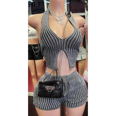 Halter Backless Stripe Print Two-Piece Crop Top and Shorts Set