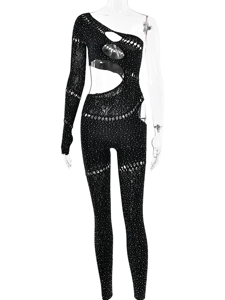 Hollow Out High Elastic Jumpsuit with Luminous Rhinestones