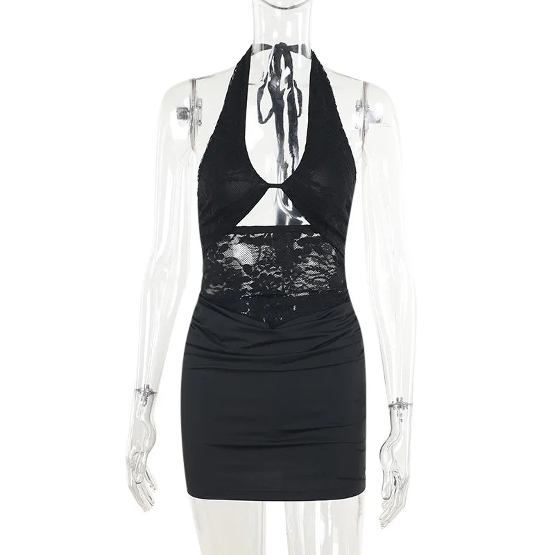 Chic Black Halter Lace Patchwork Mini Dress with Off Shoulder Style