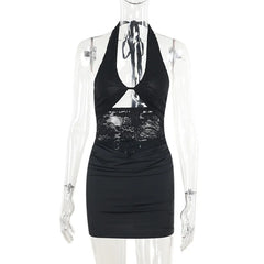 Chic Black Halter Lace Patchwork Mini Dress with Off Shoulder Style