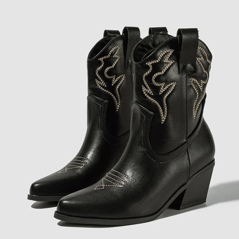 Bottines de cowboy style western pour femme, cuir brodé, noir et marron 