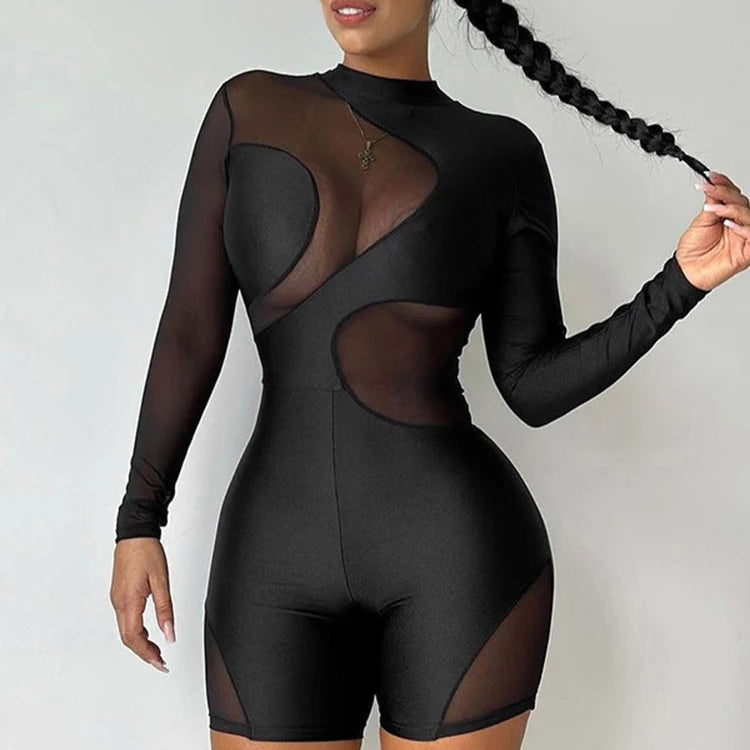 Sheer Mesh Patchwork Long Sleeve Jumpsuit for Women in Black