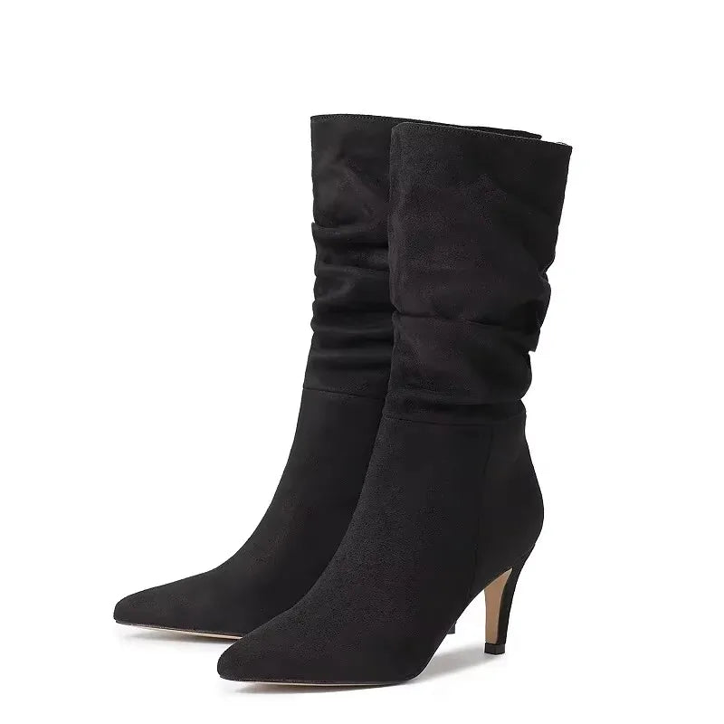 Vintage Pleated Pointed Toe Mid-Calf Ankle Boots for Women