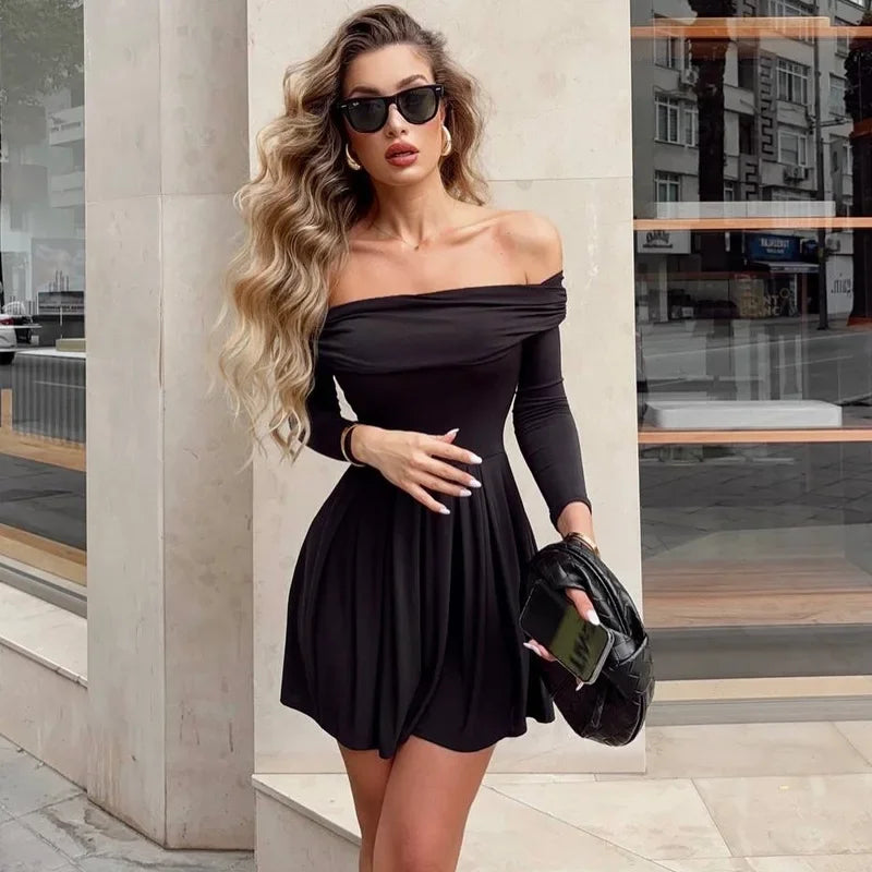 Stylish Off-Shoulder Dress with Long Sleeves and Flared Skirt