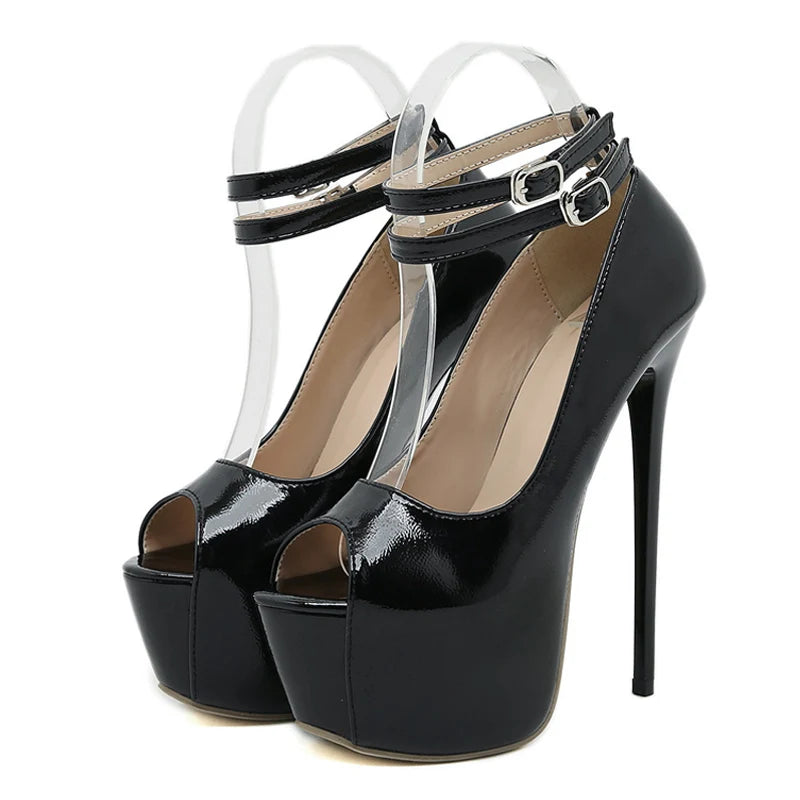 Women's White Double Buckle Strap Peep Toe Platform Heels