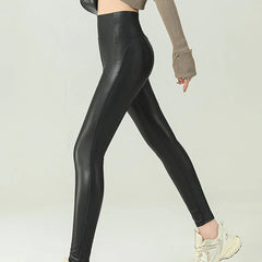 High Waist Black Fleece PU Leather Leggings for Women