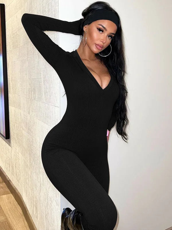 Long Sleeve Solid Color V-Neck Jumpsuit with Skinny Leggings