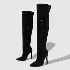 Women's Red Rhinestone Thigh High Sock Boots with Pointed Toe Heels