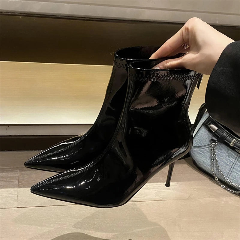 Women's Patent Leather Ankle Boots with High Heels and Zipper