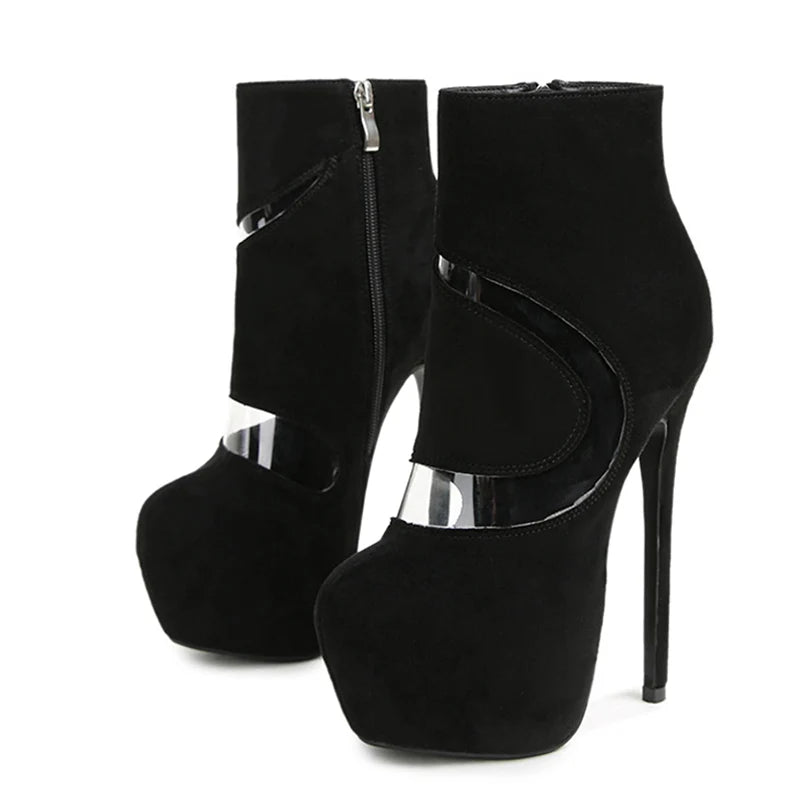 Women's Black High Heels Ankle Boots with Round Toe and Zip Closure