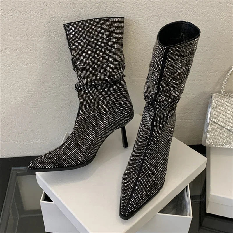 Autumn Winter Crystal Pointed Toe Ankle Boots for Women