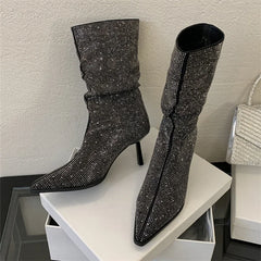 Autumn Winter Crystal Pointed Toe Ankle Boots for Women