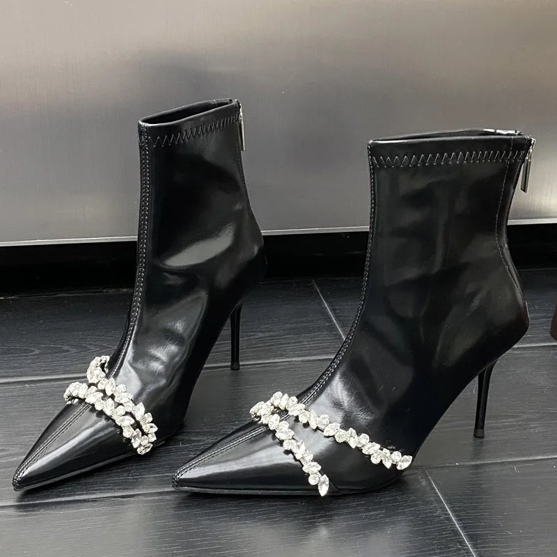 Bottines à talons hauts fins en cristal et diamant pour femmes - Bout pointu 