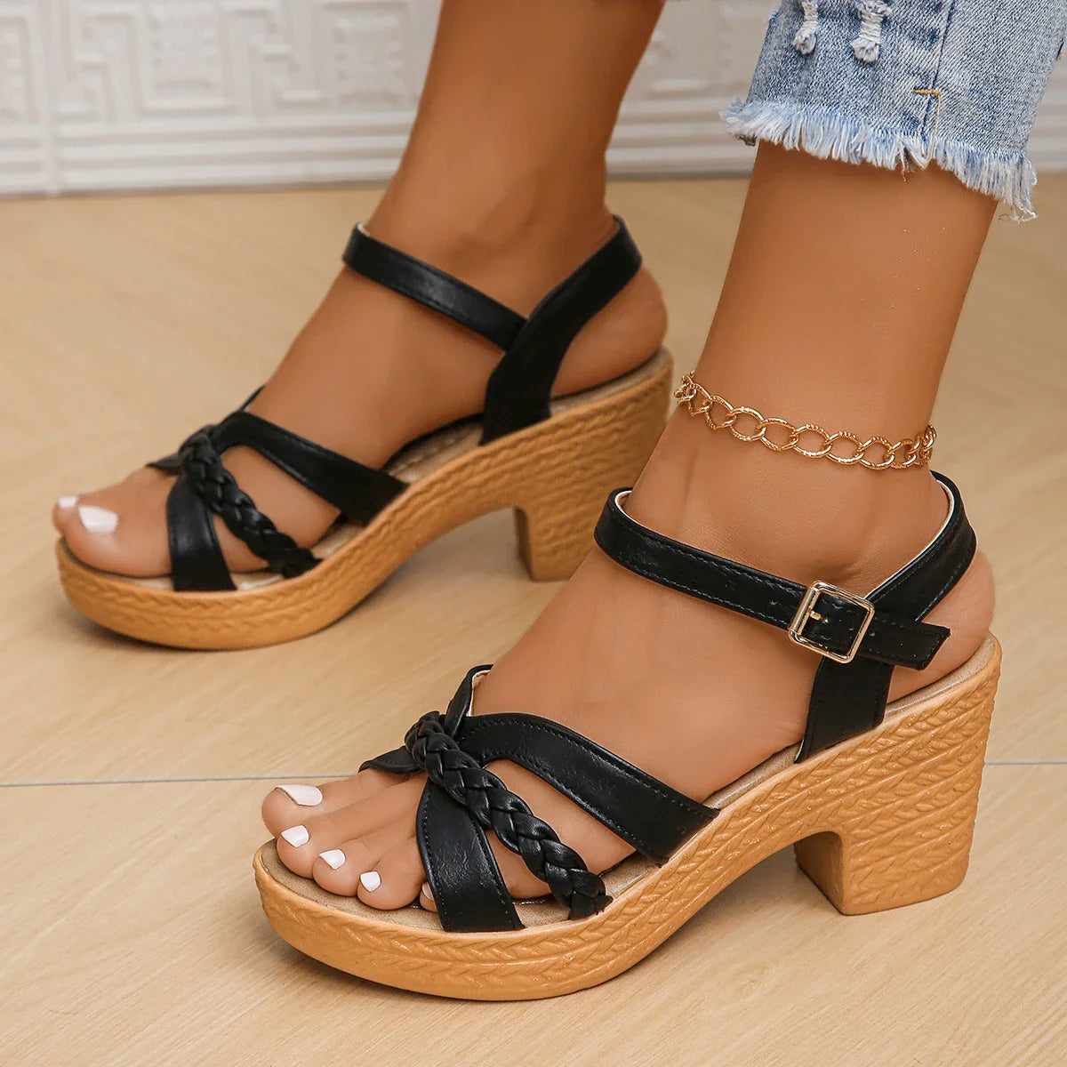 Ankle Strap Chunky Heeled Sandals for Women in Black Weaving Style