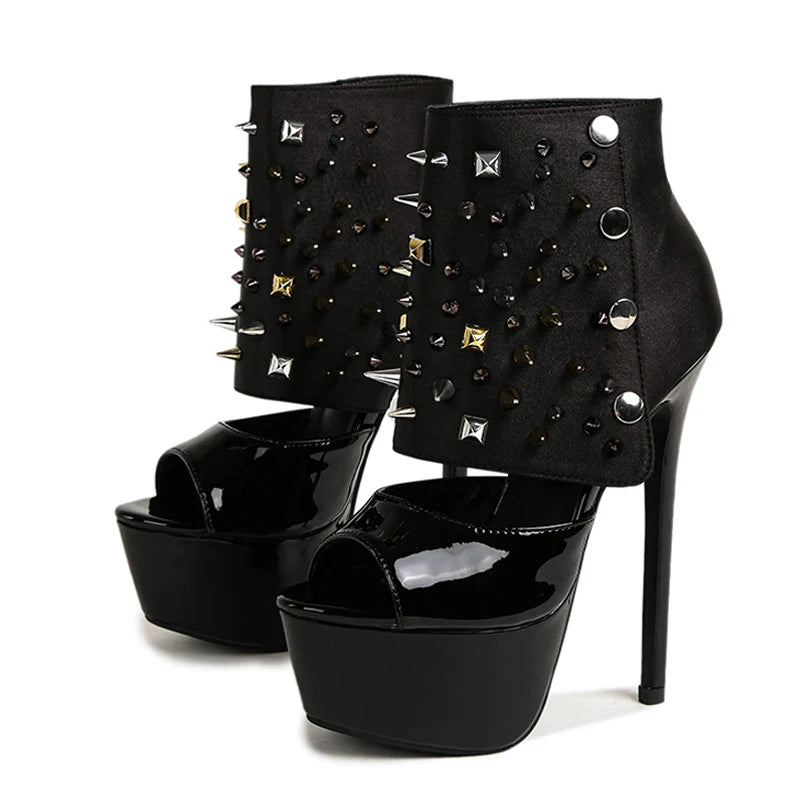 Women's Black Peep Toe Platform Boots with Snap Button and Rivets