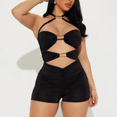 Individuality Hollow Out Bow Metal Splice Halter Backless Playsuit