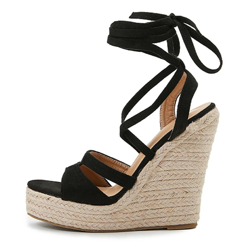 Women's Lace-Up Summer Wedge Sandals Peep Toe Straw High Heels