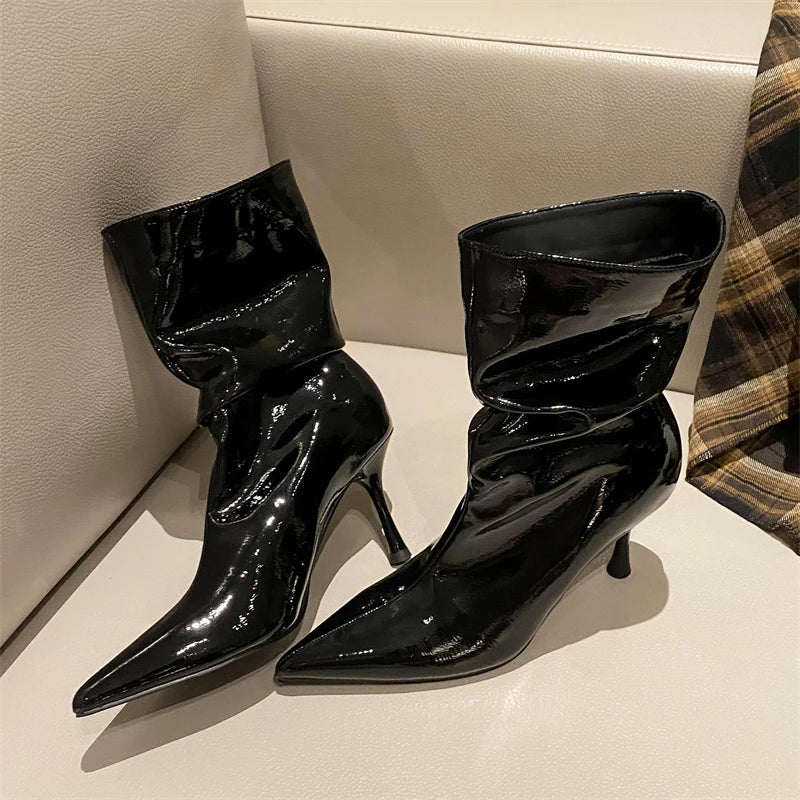 Women's Pleated Patent Leather Ankle Boots with Zipper and High Heels