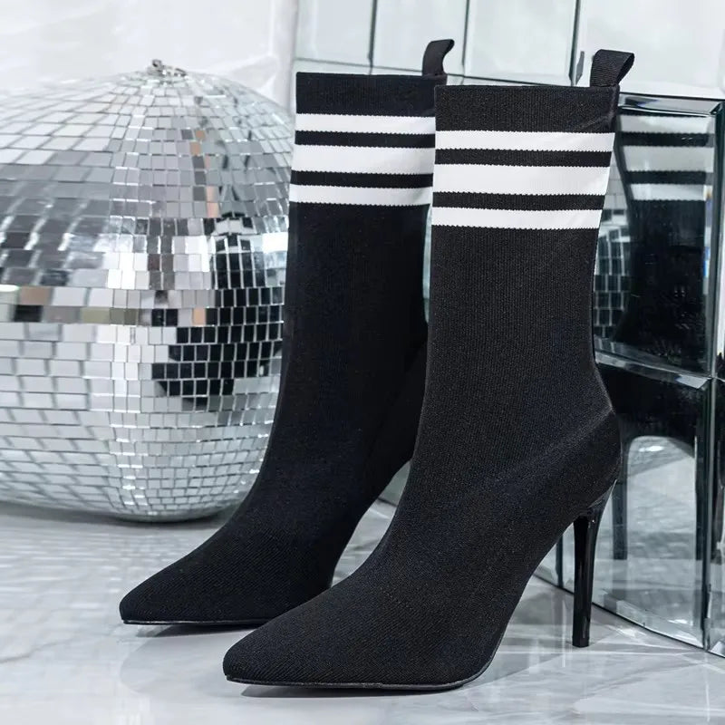 Bottines en tricot extensible pour femmes avec talons à bout pointu 