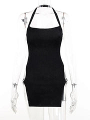 Black Mini Dress with Halter Neck and Side Ring Details