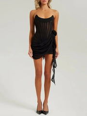 Sheer Panel Mini Dress with Side Draping and Floral Accent