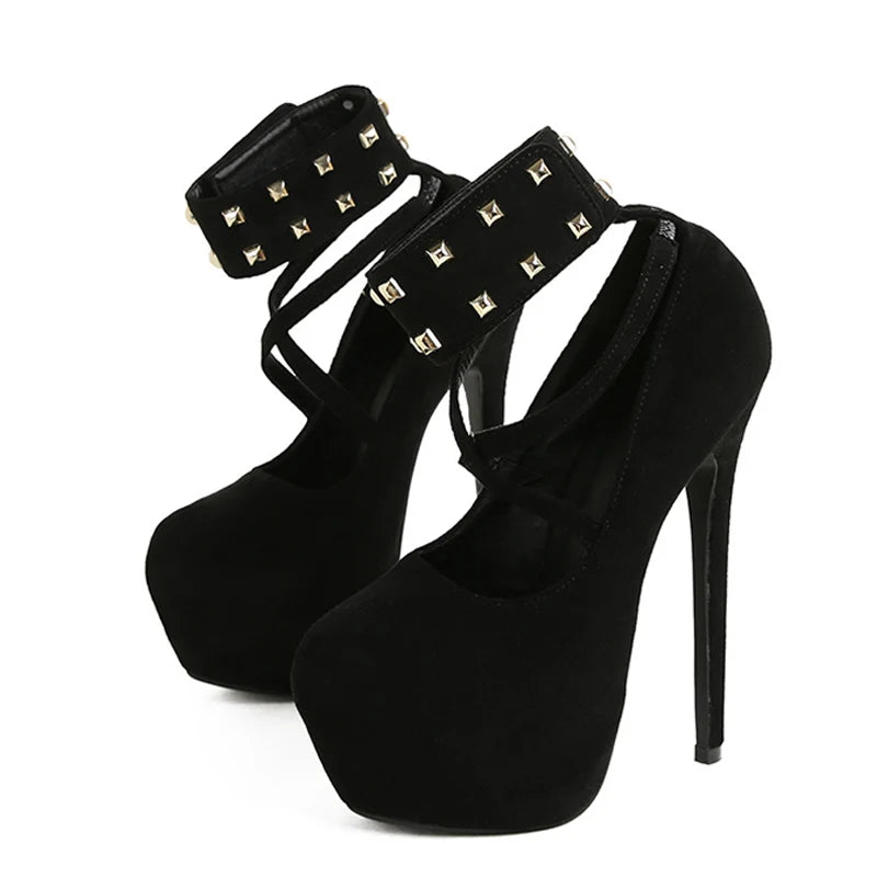 Solid Black Round Toe Metal Rivet Ankle Strap High Heels for Women