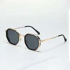 Vintage Octagonal Sunglasses for Women with Black Lenses and Gold Edging