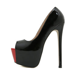 Escarpins à talons hauts peep toe en cuir verni noir et rouge pour femmes