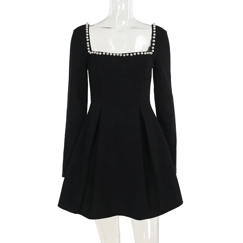 Long-Sleeve Mini Dress with Square Neckline and Pearl Trim